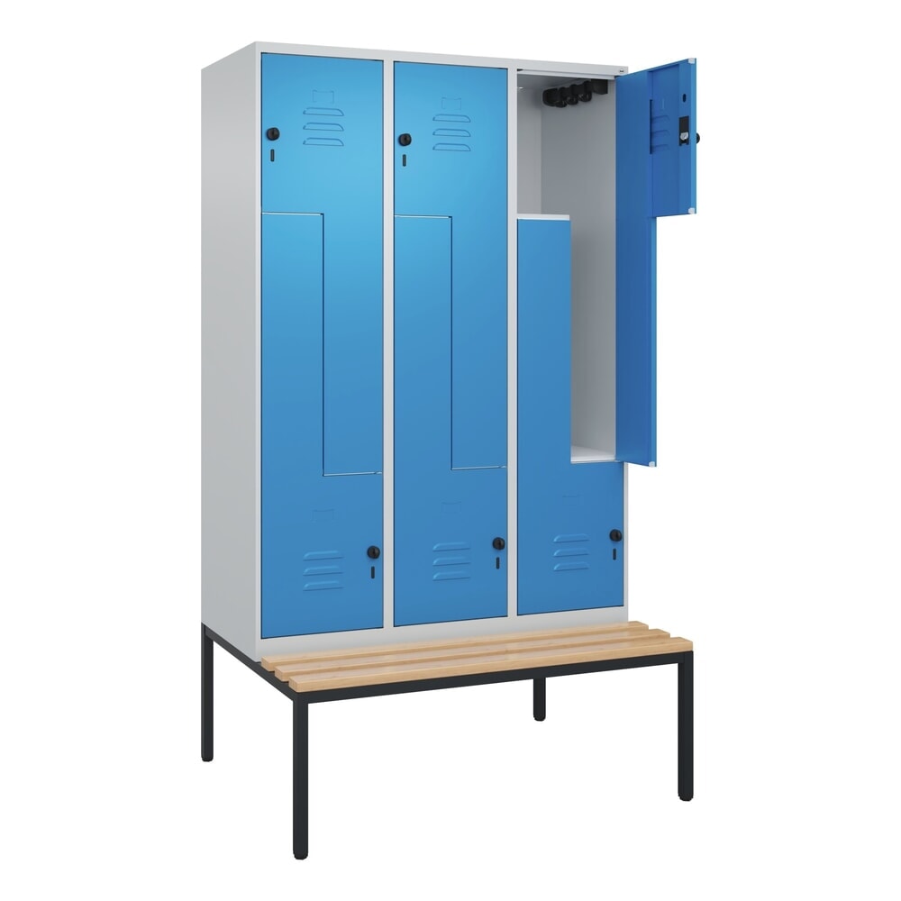 Produktabbildung: C+P Z-Spind Classic PLUS, 6 Abteile, HxBxT 2.120 x 1.200 x 815 mm, für Vorhängeschloss, untergebaute Bank aus Buche, lichtgrau, lichtblau