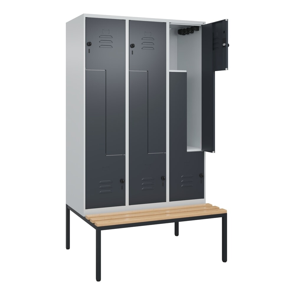 Produktabbildung: C+P Z-Spind Classic PLUS, 6 Abteile, HxBxT 2.120 x 1.200 x 815 mm, für Vorhängeschloss, untergebaute Bank aus Buche, lichtgrau, anthrazitgrau