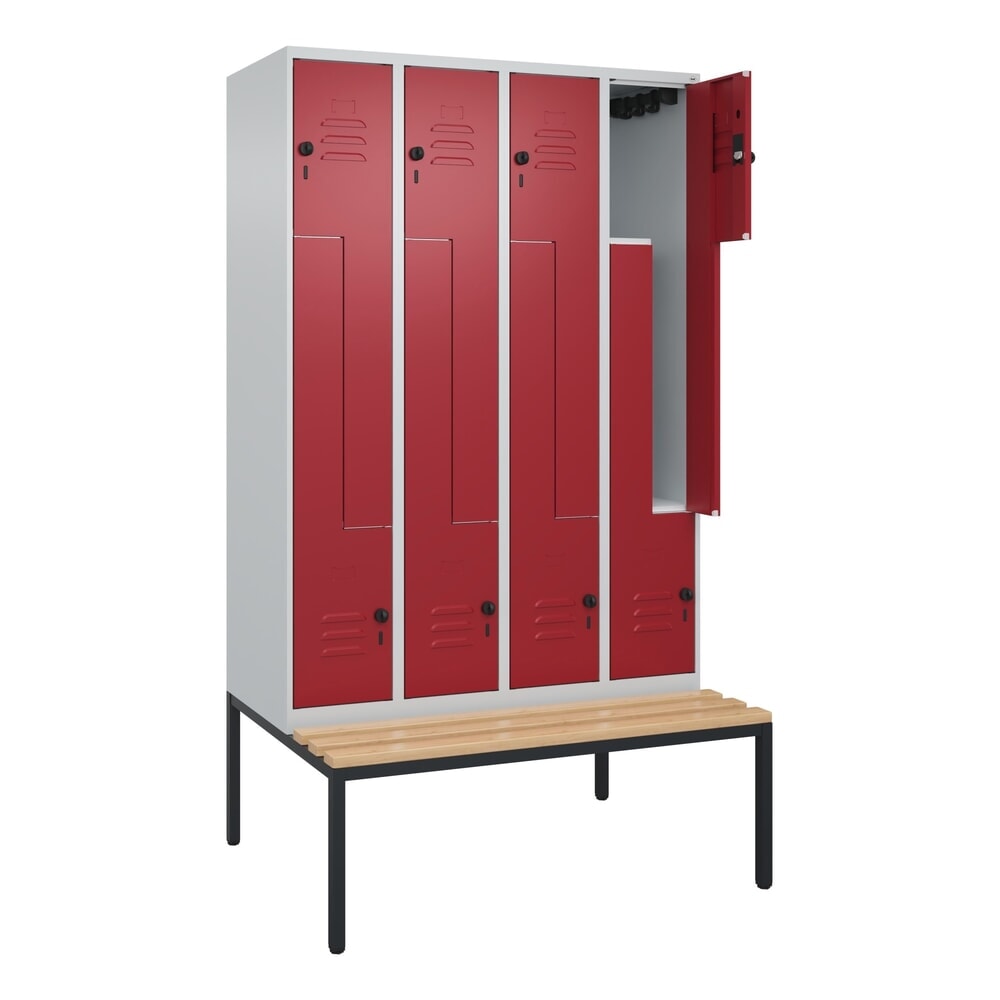 Produktabbildung: C+P Z-Spind Classic PLUS, 8 Abteile, HxBxT 2.120 x 1.200 x 815 mm, für Vorhängeschloss, untergebaute Bank aus Buche, lichtgrau, rubinrot