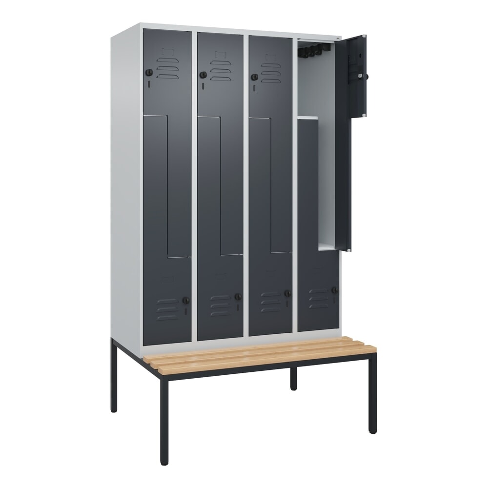 Produktabbildung: C+P Z-Spind Classic PLUS, 8 Abteile, HxBxT 2.120 x 1.200 x 815 mm, für Vorhängeschloss, untergebaute Bank aus Buche, lichtgrau, anthrazitgrau