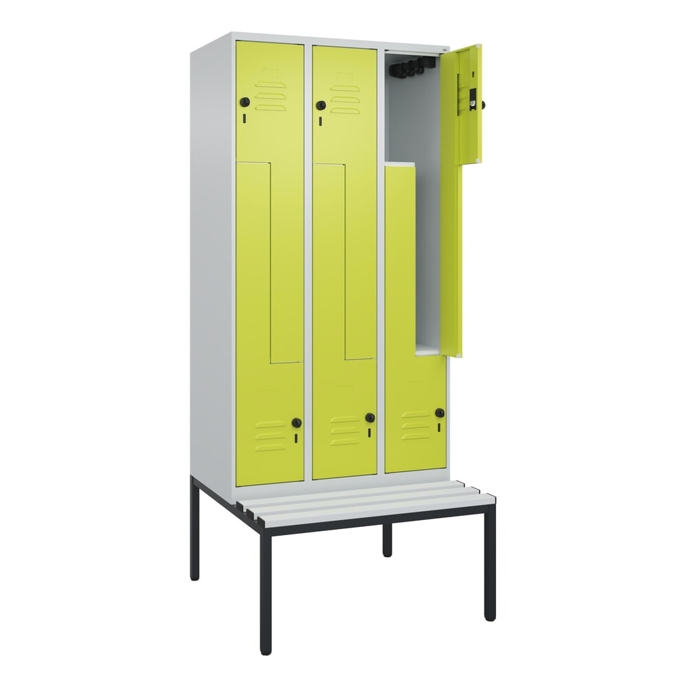 Produktabbildung: C+P Z-Spind Classic PLUS, 6 Abteile, HxBxT 2.120 x 900 x 815 mm, für Vorhängeschloss, untergebaute Bank aus Kunststoff, lichtgrau, clowngrün