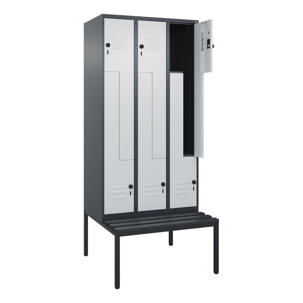 Produktabbildung: C+P Z-Spind Classic PLUS, 6 Abteile, HxBxT 2.120 x 900 x 815 mm, für Vorhängeschloss, untergebaute Bank aus Kunststoff, anthrazitgrau, lichtgrau