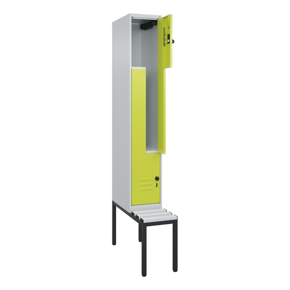 Produktabbildung: C+P Z-Spind Classic PLUS, 2 Abteile, HxBxT 2.120 x 300 x 815 mm, für Vorhängeschloss, untergebaute Bank aus Kunststoff, lichtgrau, clowngrün