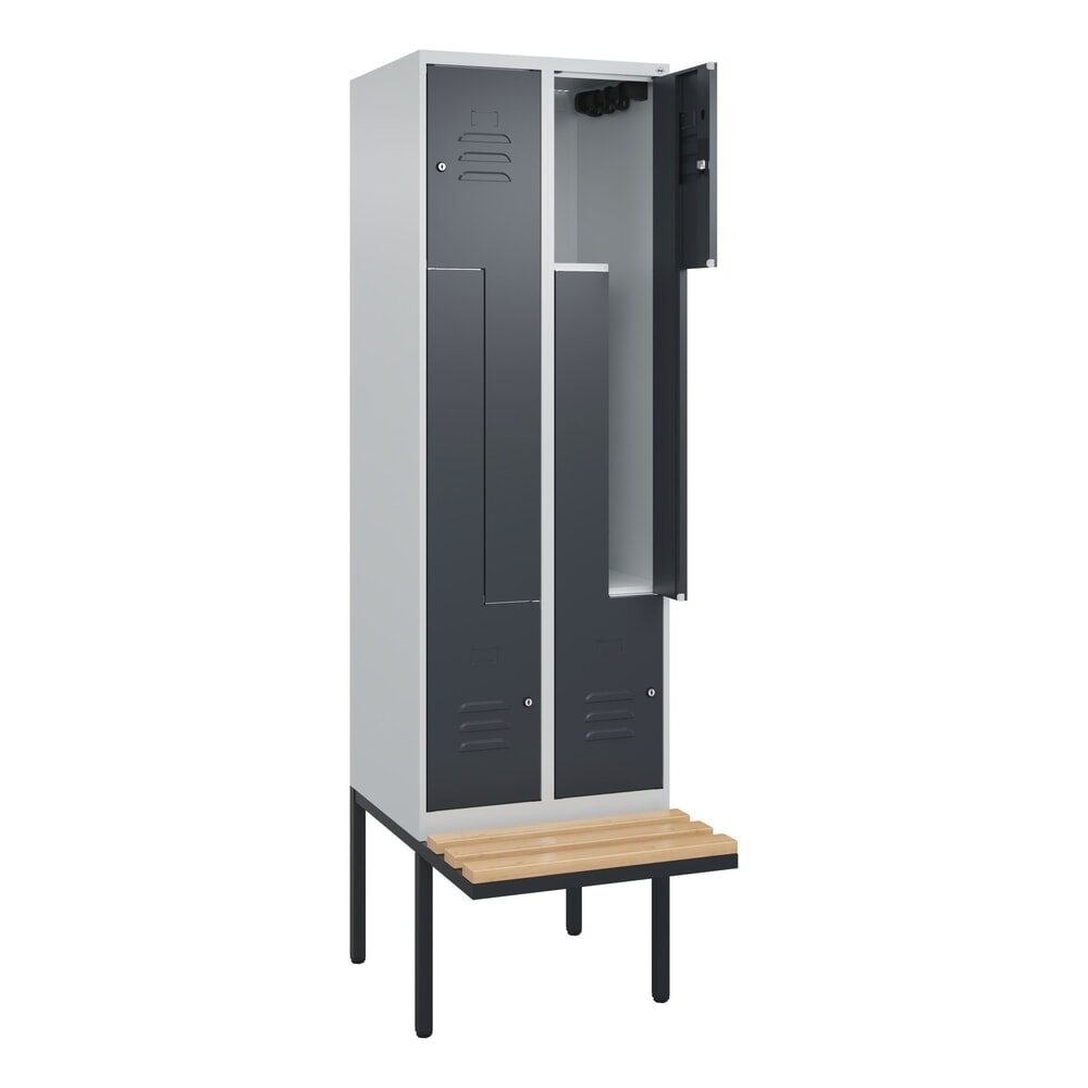 Produktabbildung: C+P Z-Spind Classic PLUS, 4 Abteile, HxBxT 2.120 x 600 x 815 mm, Zylinderschloss, auskragende Bank aus Buche, lichtgrau, anthrazitgrau