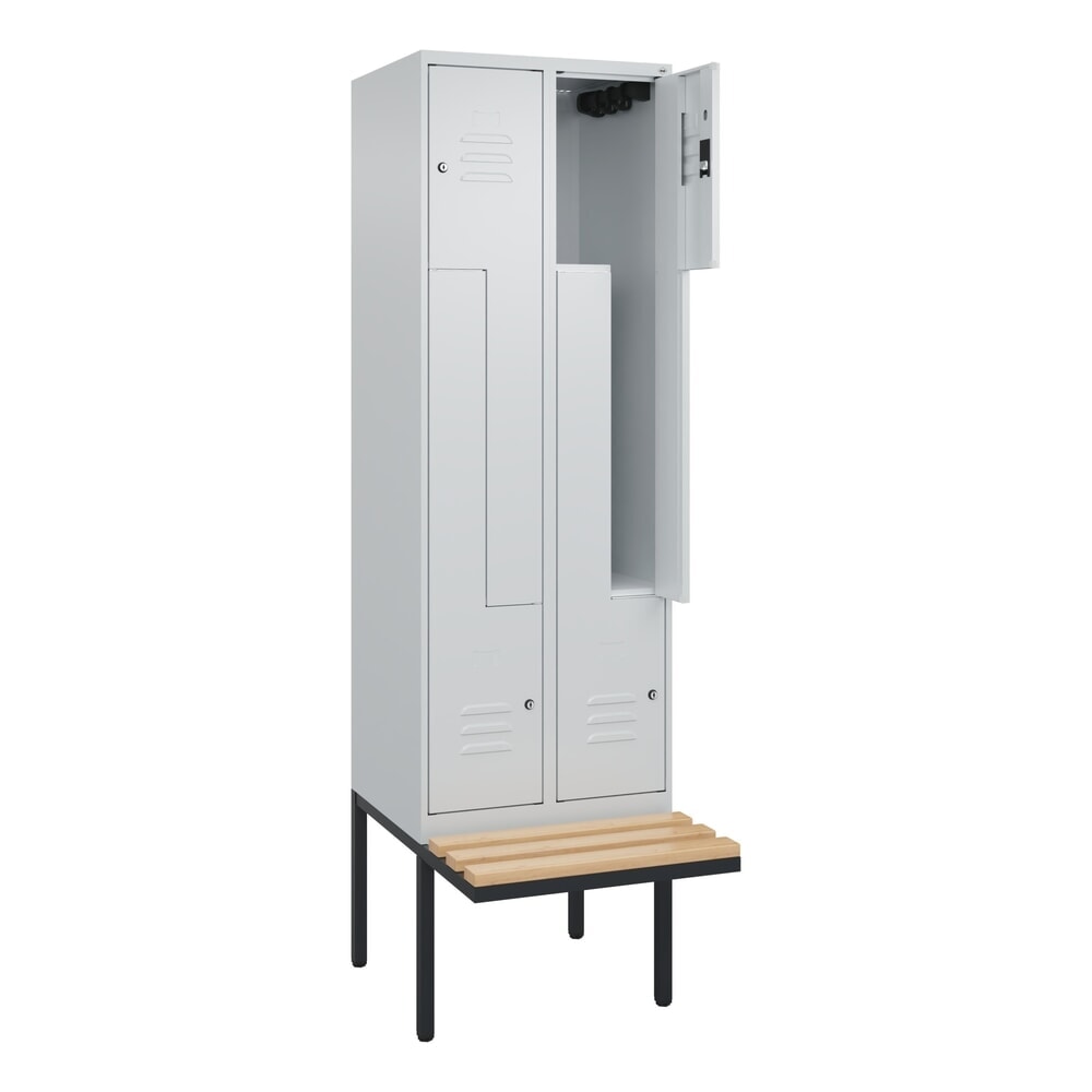 Produktabbildung: C+P Z-Spind Classic PLUS, 4 Abteile, HxBxT 2.120 x 600 x 815 mm, Zylinderschloss, auskragende Bank aus Buche, lichtgrau, lichtgrau