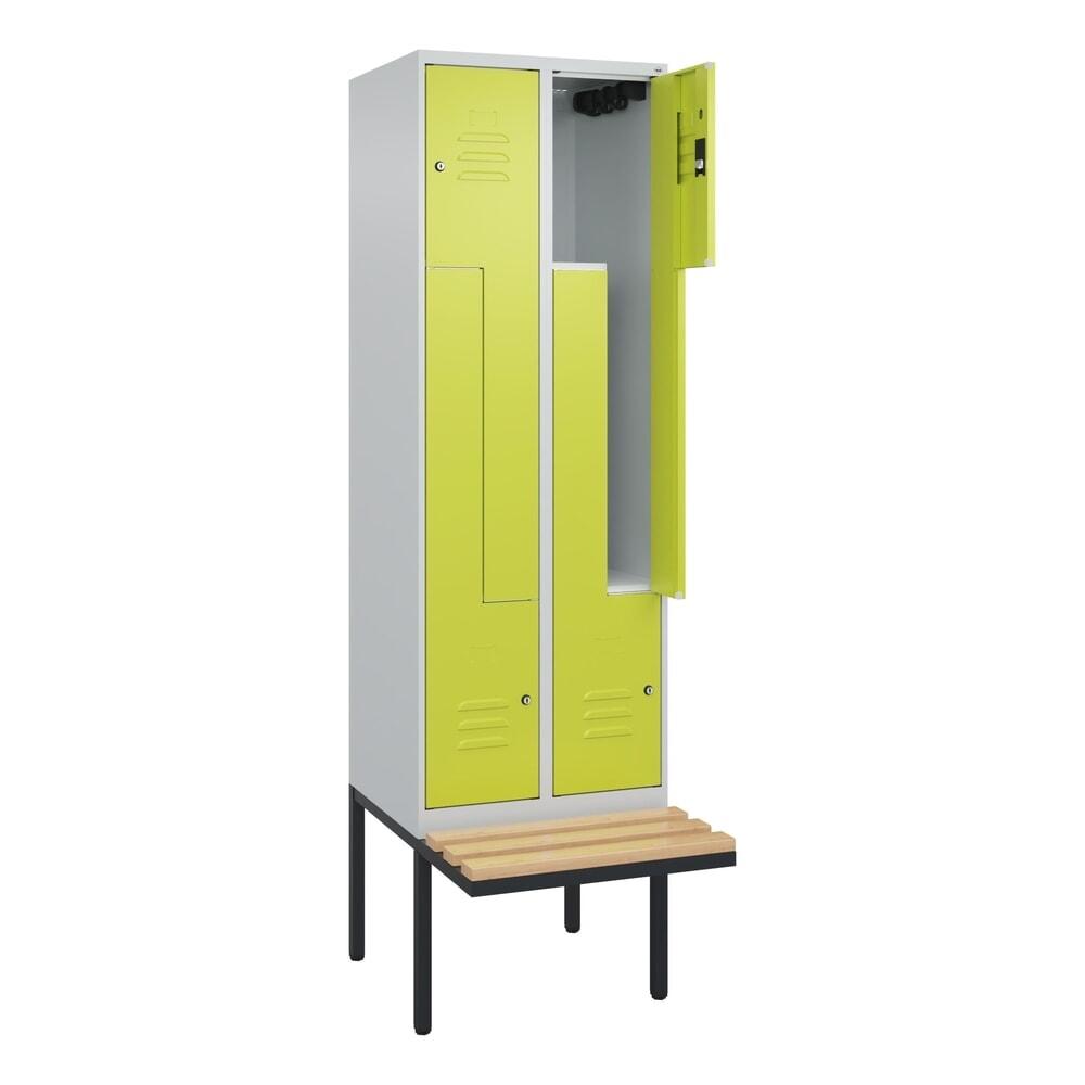 Produktabbildung: C+P Z-Spind Classic PLUS, 4 Abteile, HxBxT 2.120 x 600 x 815 mm, Zylinderschloss, auskragende Bank aus Buche, lichtgrau, clowngrün