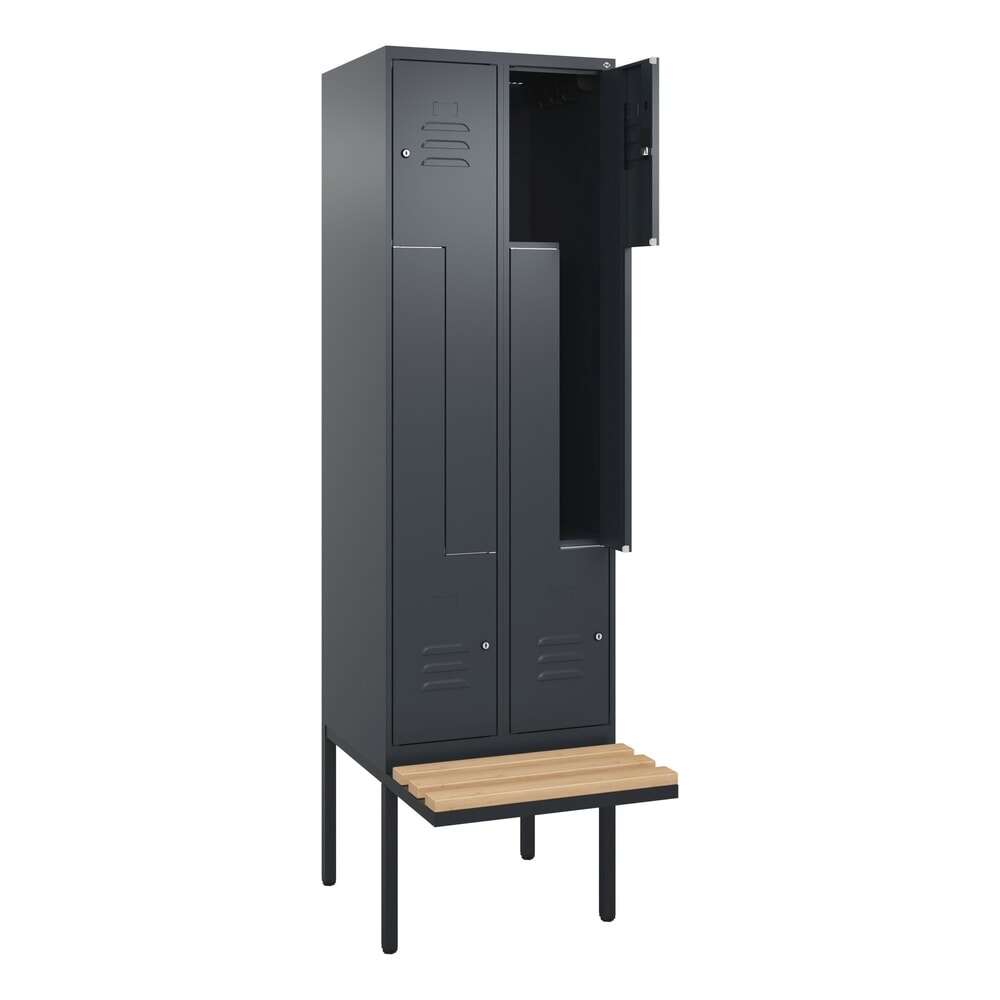 Produktabbildung: C+P Z-Spind Classic PLUS, 4 Abteile, HxBxT 2.120 x 600 x 815 mm, Zylinderschloss, auskragende Bank aus Buche, anthrazitgrau, anthrazitgrau