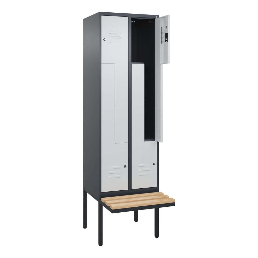 Produktabbildung: C+P Z-Spind Classic PLUS, 4 Abteile, HxBxT 2.120 x 600 x 815 mm, Zylinderschloss, auskragende Bank aus Buche, anthrazitgrau, lichtgrau