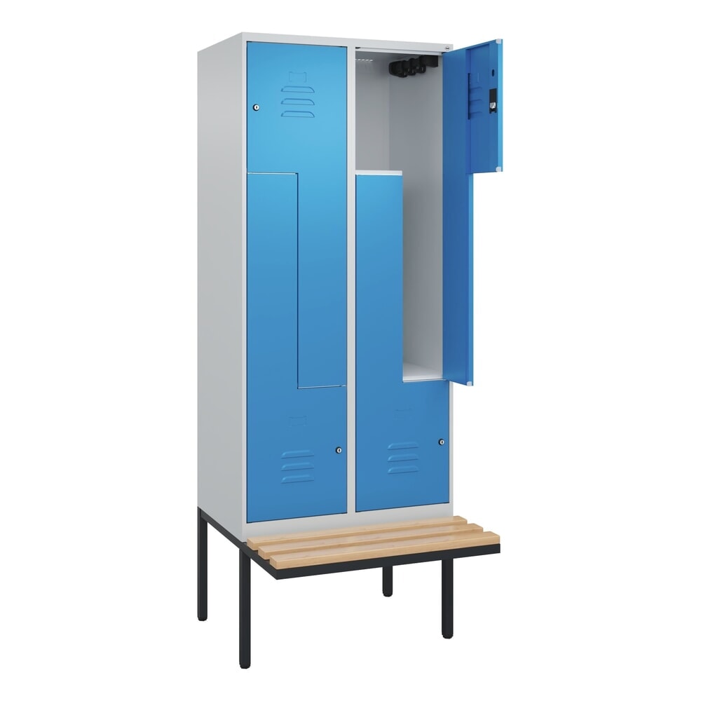 C+P Z-Spind Classic PLUS, 4 Abteile, HxBxT 2.120 x 800 x 815 mm, Zylinderschloss, auskragende Bank aus Buche, lichtgrau, lichtblau Produktabbildung Nr. 1: C+P Z-Spind Classic PLUS, 4 Abteile, HxBxT 2.120 x 800 x 815 mm, Zylinderschloss, auskragende Bank aus Buche, lichtgrau, lichtblau