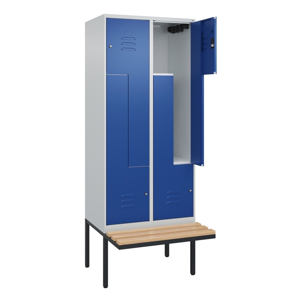 C+P Z-Spind Classic PLUS, 4 Abteile, HxBxT 2.120 x 800 x 815 mm, Zylinderschloss, auskragende Bank aus Buche, lichtgrau, enzianblau Produktabbildung Nr. 1: C+P Z-Spind Classic PLUS, 4 Abteile, HxBxT 2.120 x 800 x 815 mm, Zylinderschloss, auskragende Bank aus Buche, lichtgrau, enzianblau