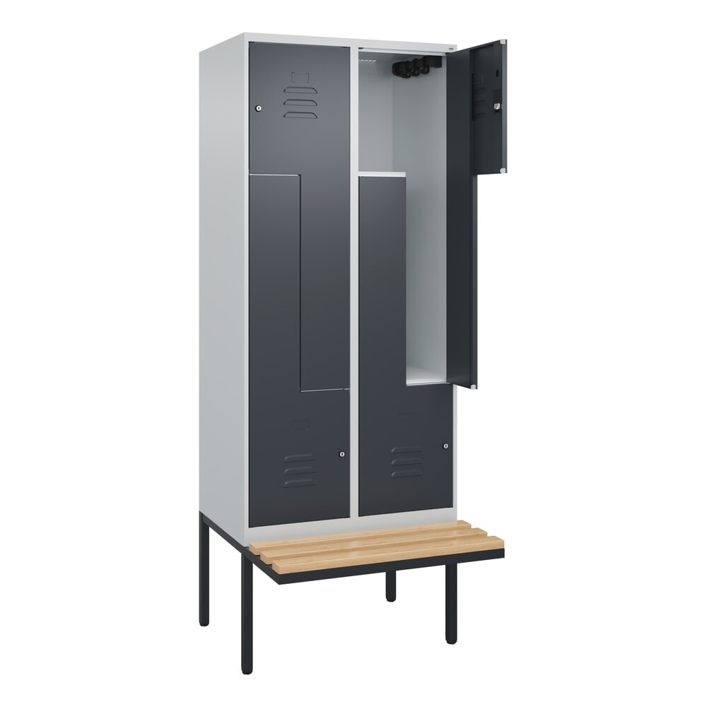 C+P Z-Spind Classic PLUS, 4 Abteile, HxBxT 2.120 x 800 x 815 mm, Zylinderschloss, auskragende Bank aus Buche, lichtgrau, anthrazitgrau Produktabbildung Nr. 1: C+P Z-Spind Classic PLUS, 4 Abteile, HxBxT 2.120 x 800 x 815 mm, Zylinderschloss, auskragende Bank aus Buche, lichtgrau, anthrazitgrau