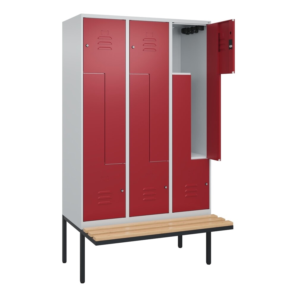 C+P Z-Spind Classic PLUS, 6 Abteile, HxBxT 2.120 x 1.200 x 815 mm, Zylinderschloss, auskragende Bank aus Buche, lichtgrau, rubinrot Produktabbildung: C+P Z-Spind Classic PLUS, 6 Abteile, HxBxT 2.120 x 1.200 x 815 mm, Zylinderschloss, auskragende Bank aus Buche, lichtgrau, rubinrot