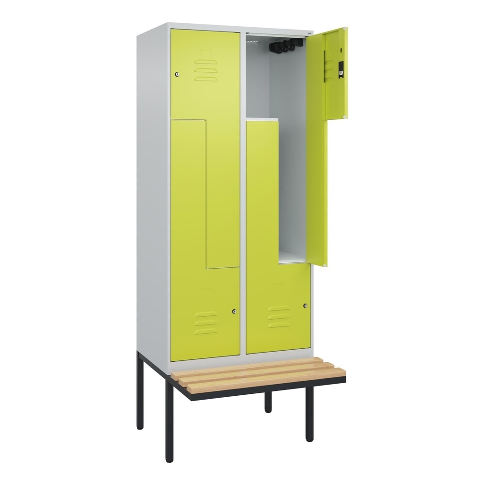 C+P Z-Spind Classic PLUS, 4 Abteile, HxBxT 2.120 x 800 x 815 mm, Zylinderschloss, auskragende Bank aus Buche, lichtgrau, clowngrün Produktabbildung: C+P Z-Spind Classic PLUS, 4 Abteile, HxBxT 2.120 x 800 x 815 mm, Zylinderschloss, auskragende Bank aus Buche, lichtgrau, clowngrün