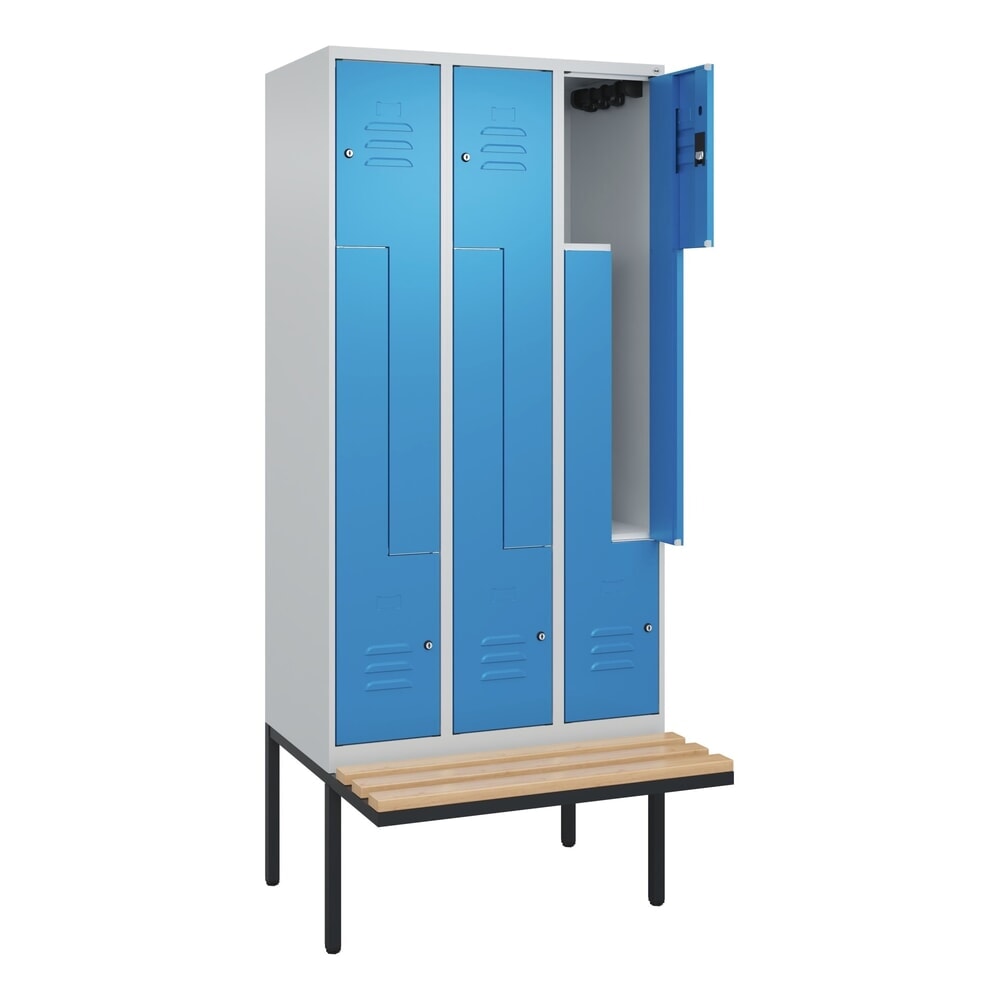 C+P Z-Spind Classic PLUS, 6 Abteile, HxBxT 2.120 x 900 x 815 mm, Zylinderschloss, auskragende Bank aus Buche, lichtgrau, lichtblau Produktabbildung: C+P Z-Spind Classic PLUS, 6 Abteile, HxBxT 2.120 x 900 x 815 mm, Zylinderschloss, auskragende Bank aus Buche, lichtgrau, lichtblau