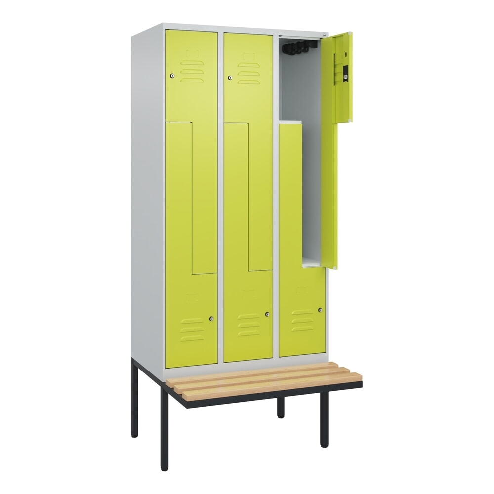 C+P Z-Spind Classic PLUS, 6 Abteile, HxBxT 2.120 x 900 x 815 mm, Zylinderschloss, auskragende Bank aus Buche, lichtgrau, clowngrün Produktabbildung: C+P Z-Spind Classic PLUS, 6 Abteile, HxBxT 2.120 x 900 x 815 mm, Zylinderschloss, auskragende Bank aus Buche, lichtgrau, clowngrün