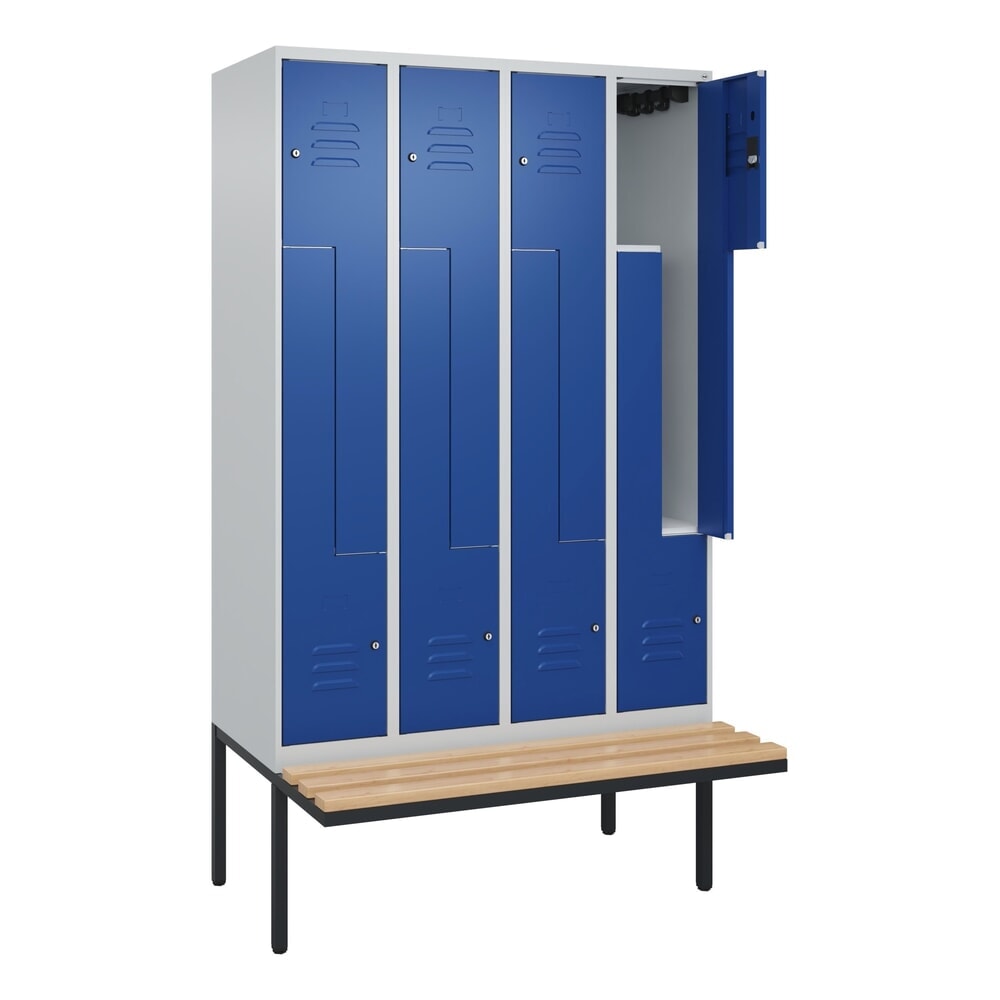 C+P Z-Spind Classic PLUS, 8 Abteile, HxBxT 2.120 x 1.200 x 815 mm, Zylinderschloss, auskragende Bank aus Buche, lichtgrau, enzianblau Produktabbildung: C+P Z-Spind Classic PLUS, 8 Abteile, HxBxT 2.120 x 1.200 x 815 mm, Zylinderschloss, auskragende Bank aus Buche, lichtgrau, enzianblau