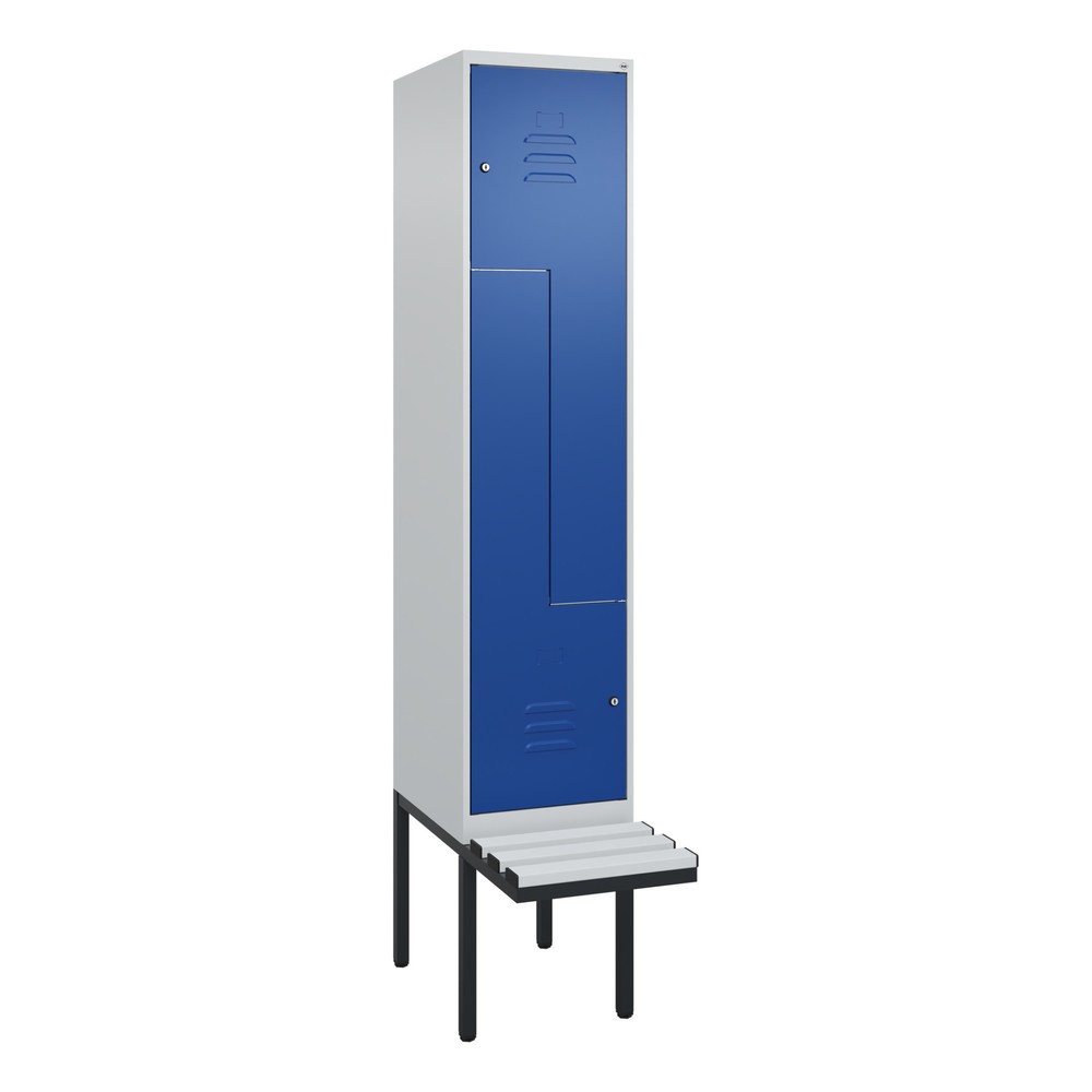Produktabbildung: C+P Z-Spind Classic PLUS, 2 Abteile, HxBxT 2.120 x 400 x 815 mm, Zylinderschloss, auskragende Bank aus Kunststoff, lichtgrau, enzianblau