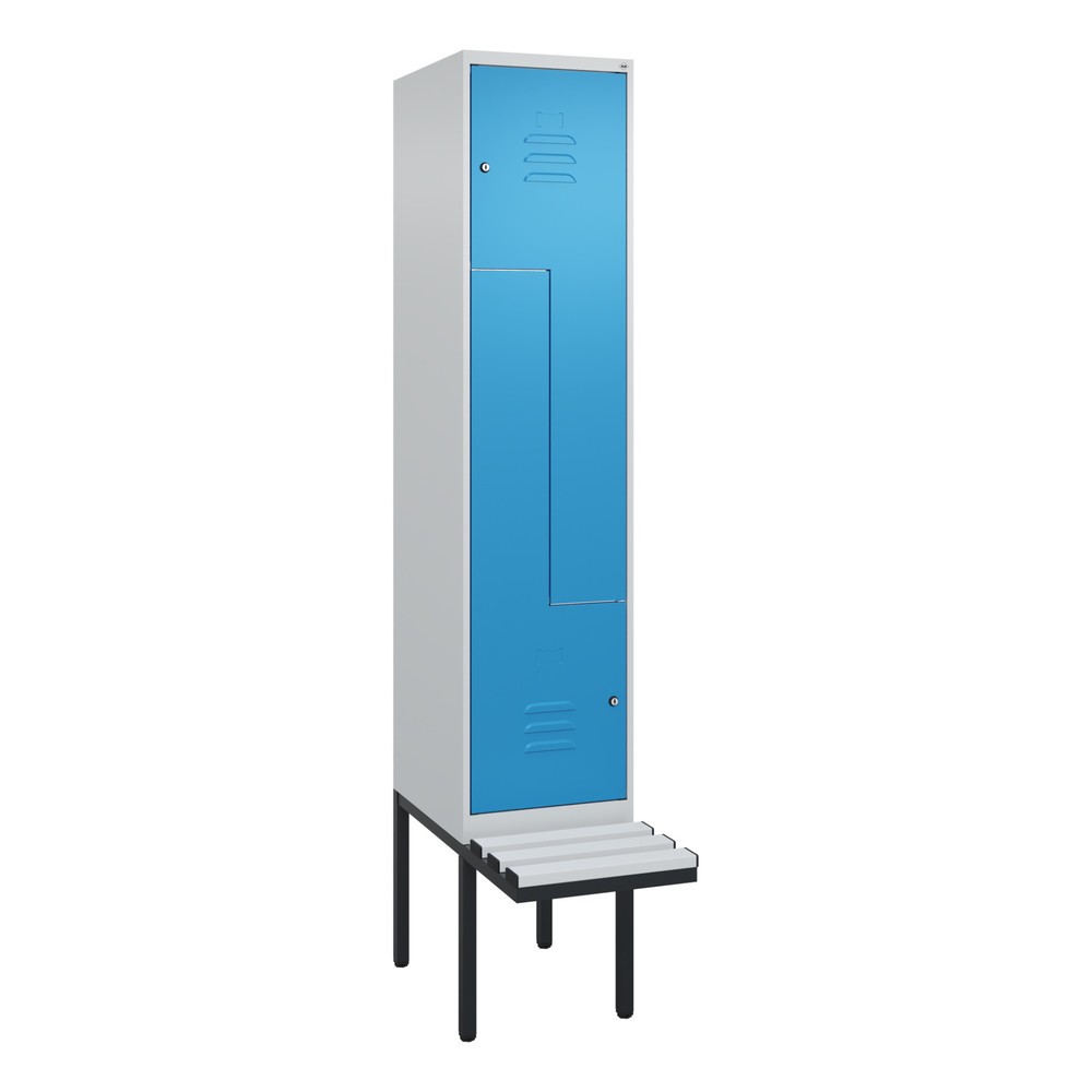 Produktabbildung: C+P Z-Spind Classic PLUS, 2 Abteile, HxBxT 2.120 x 400 x 815 mm, Zylinderschloss, auskragende Bank aus Kunststoff, lichtgrau, lichtblau