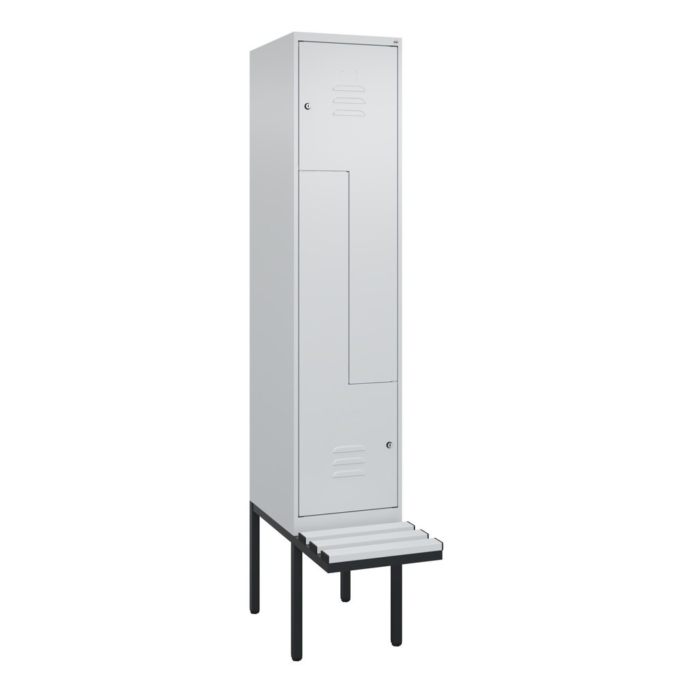 Produktabbildung: C+P Z-Spind Classic PLUS, 2 Abteile, HxBxT 2.120 x 400 x 815 mm, Zylinderschloss, auskragende Bank aus Kunststoff, lichtgrau, lichtgrau