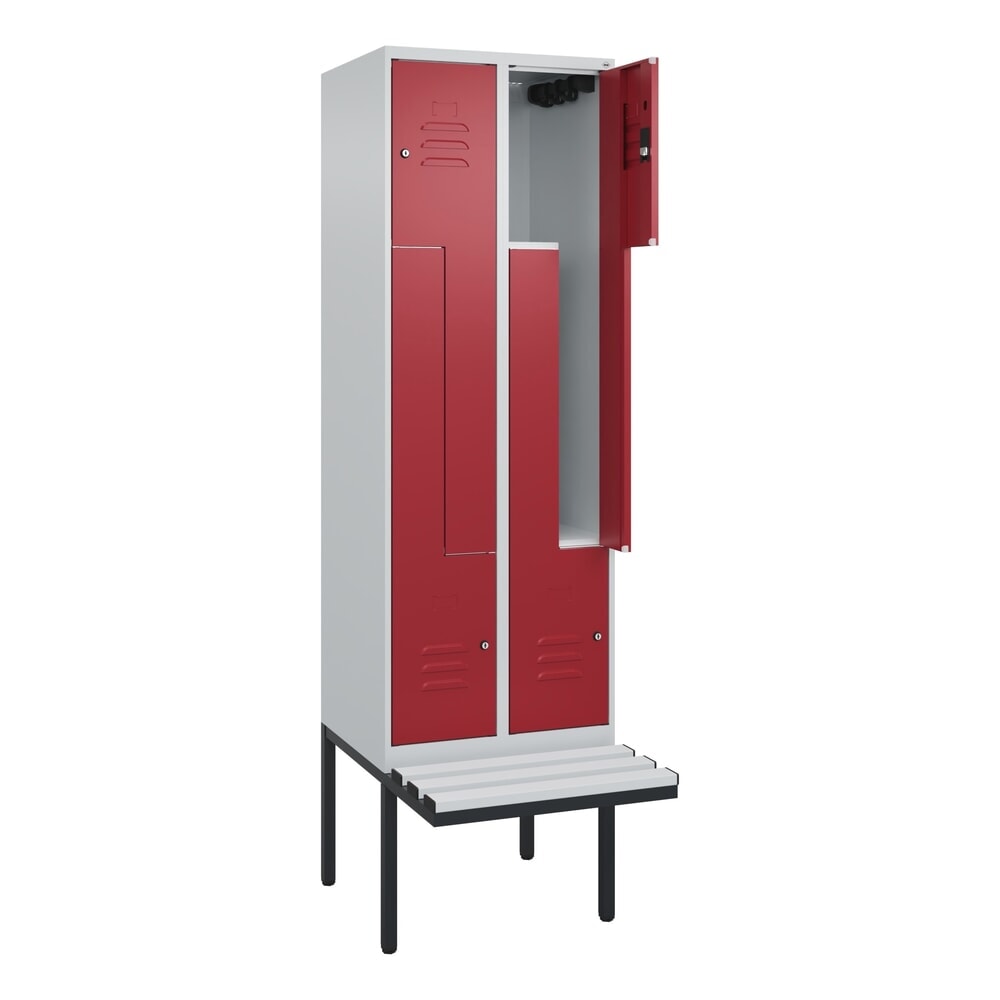 Produktabbildung: C+P Z-Spind Classic PLUS, 4 Abteile, HxBxT 2.120 x 600 x 815 mm, Zylinderschloss, auskragende Bank aus Kunststoff, lichtgrau, rubinrot