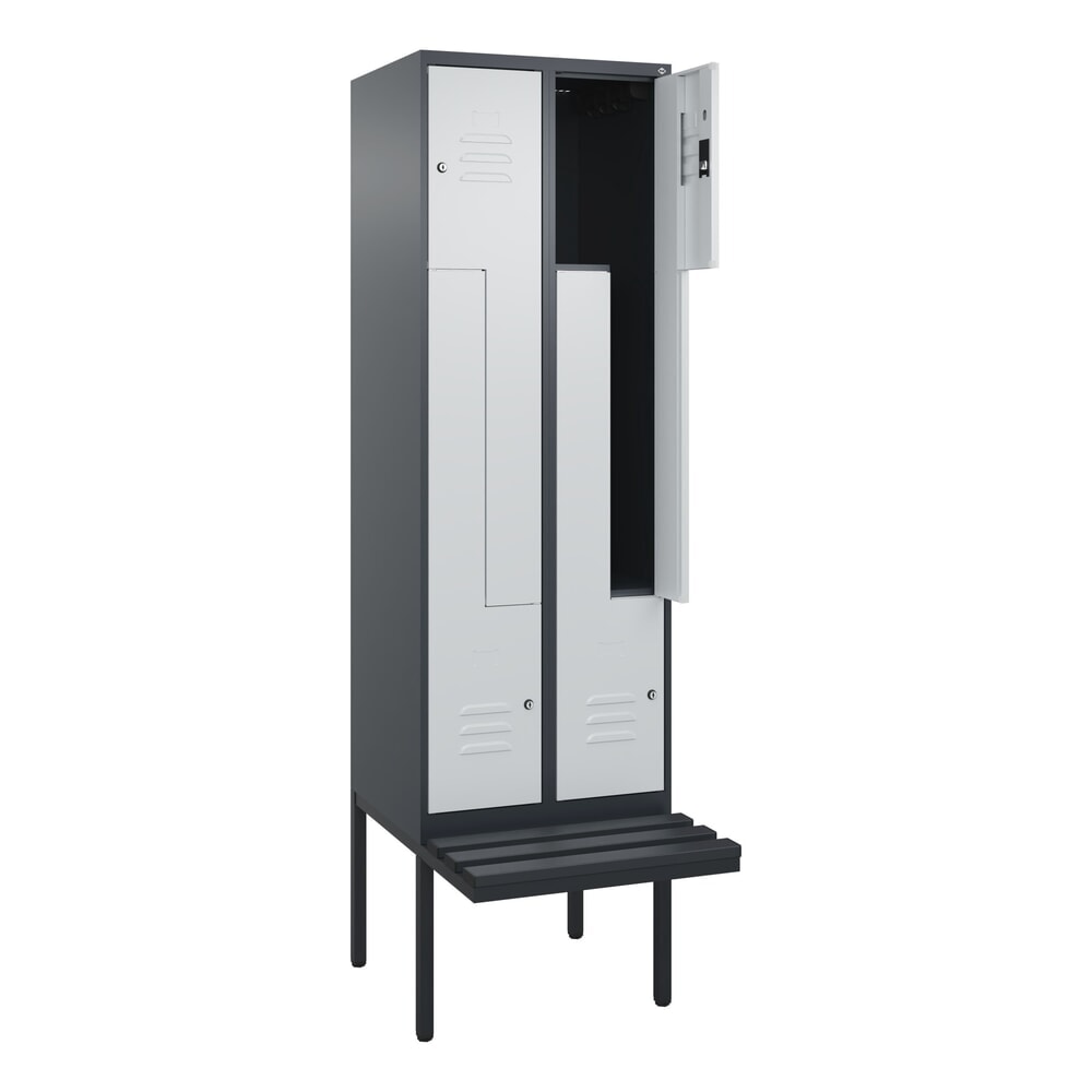 Produktabbildung: C+P Z-Spind Classic PLUS, 4 Abteile, HxBxT 2.120 x 600 x 815 mm, Zylinderschloss, auskragende Bank aus Kunststoff, anthrazitgrau, lichtgrau