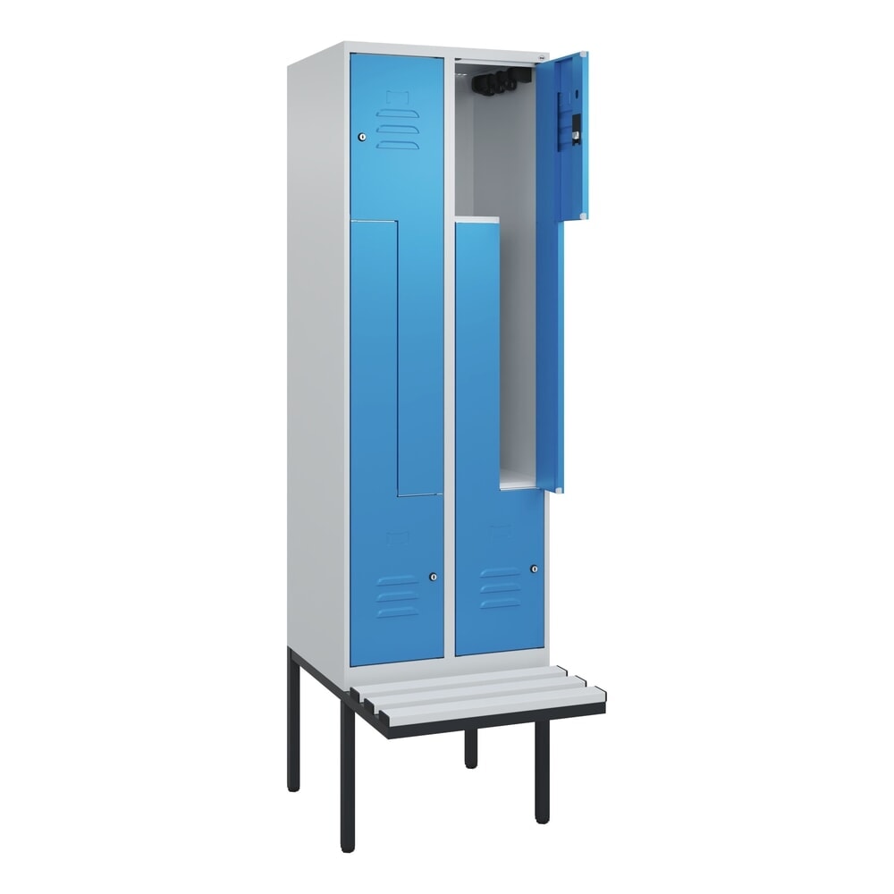 Produktabbildung: C+P Z-Spind Classic PLUS, 4 Abteile, HxBxT 2.120 x 600 x 815 mm, Zylinderschloss, auskragende Bank aus Kunststoff, lichtgrau, lichtblau