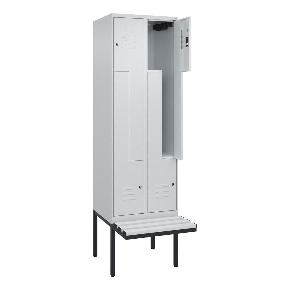 Produktabbildung: C+P Z-Spind Classic PLUS, 4 Abteile, HxBxT 2.120 x 600 x 815 mm, Zylinderschloss, auskragende Bank aus Kunststoff, lichtgrau, lichtgrau
