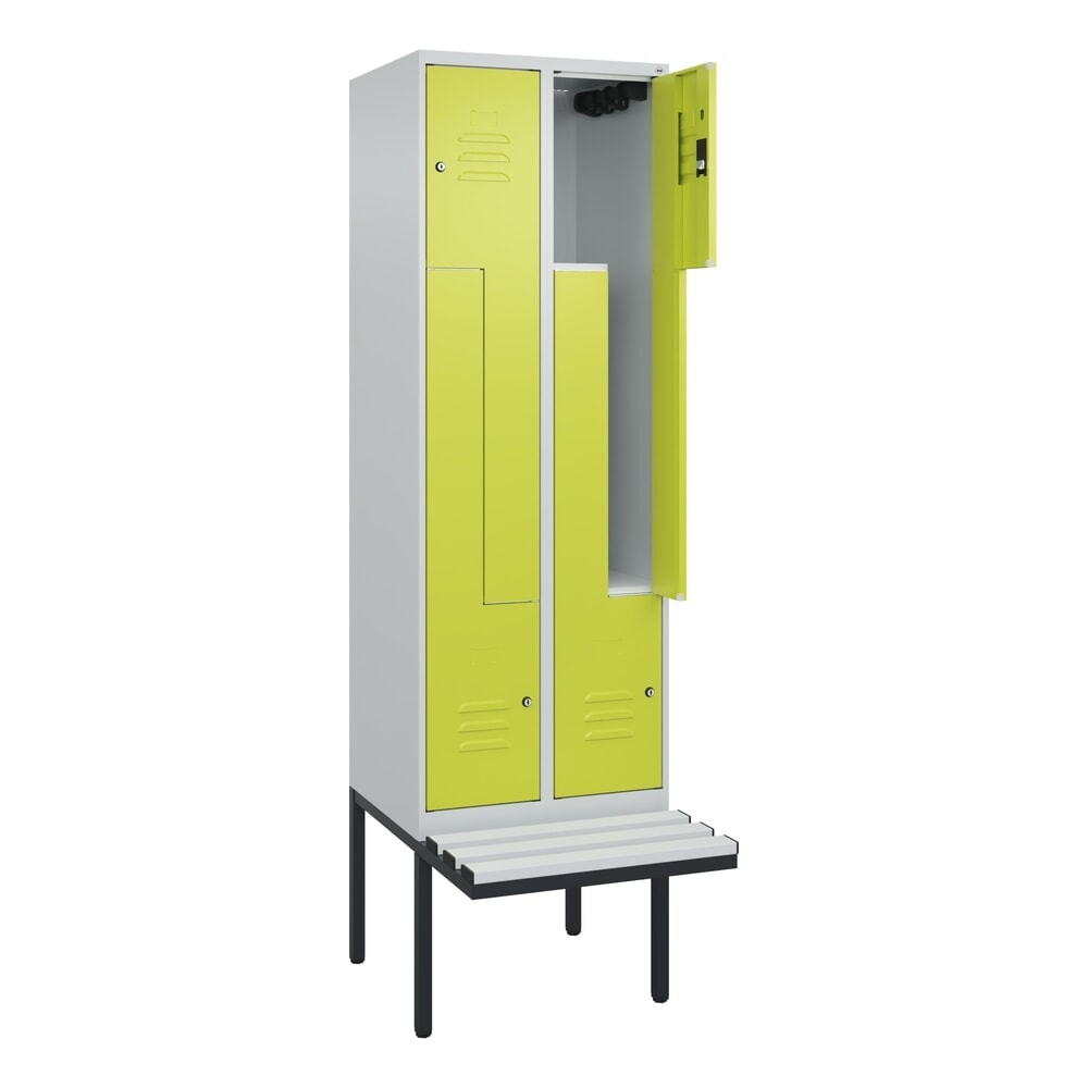 Produktabbildung: C+P Z-Spind Classic PLUS, 4 Abteile, HxBxT 2.120 x 600 x 815 mm, Zylinderschloss, auskragende Bank aus Kunststoff, lichtgrau, clowngrün