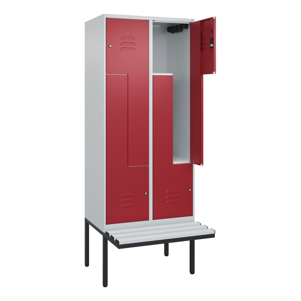 Produktabbildung: C+P Z-Spind Classic PLUS, 4 Abteile, HxBxT 2.120 x 800 x 815 mm, Zylinderschloss, auskragende Bank aus Kunststoff, lichtgrau, rubinrot