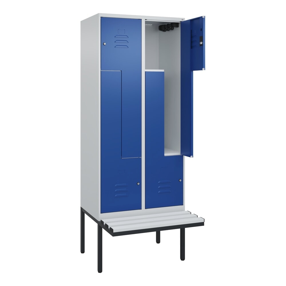 Produktabbildung: C+P Z-Spind Classic PLUS, 4 Abteile, HxBxT 2.120 x 800 x 815 mm, Zylinderschloss, auskragende Bank aus Kunststoff, lichtgrau, enzianblau