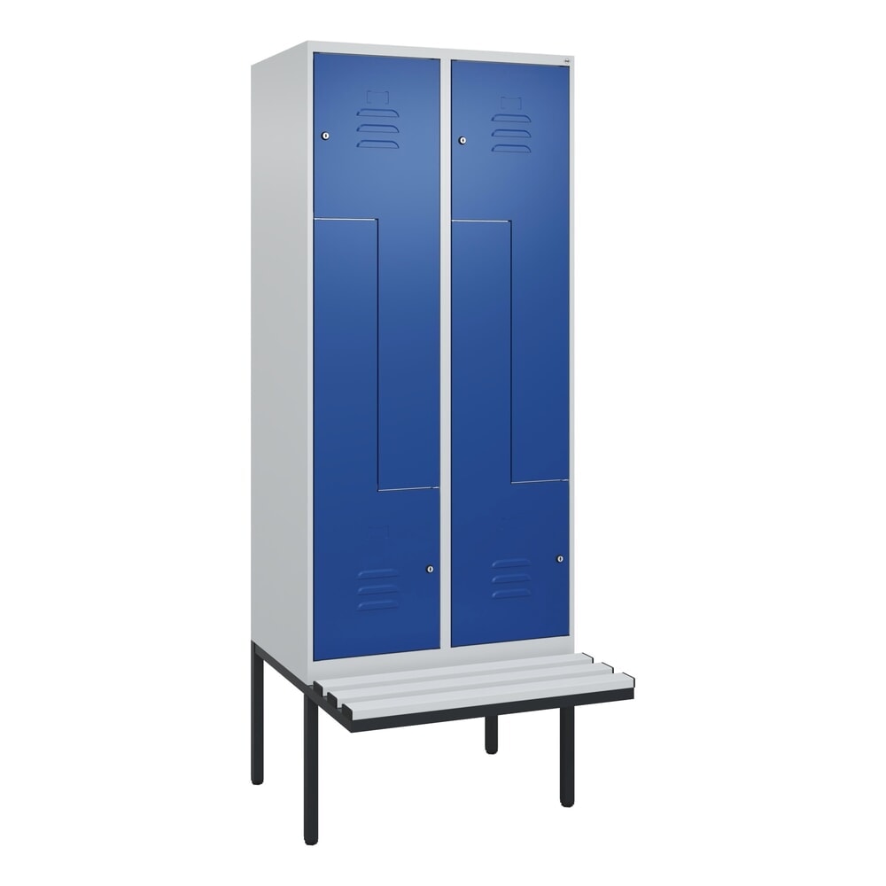 Produktabbildung Nr. 9: C+P Z-Spind Classic PLUS, 4 Abteile, HxBxT 2.120 x 800 x 815 mm, Zylinderschloss, auskragende Bank aus Kunststoff, lichtgrau, enzianblau