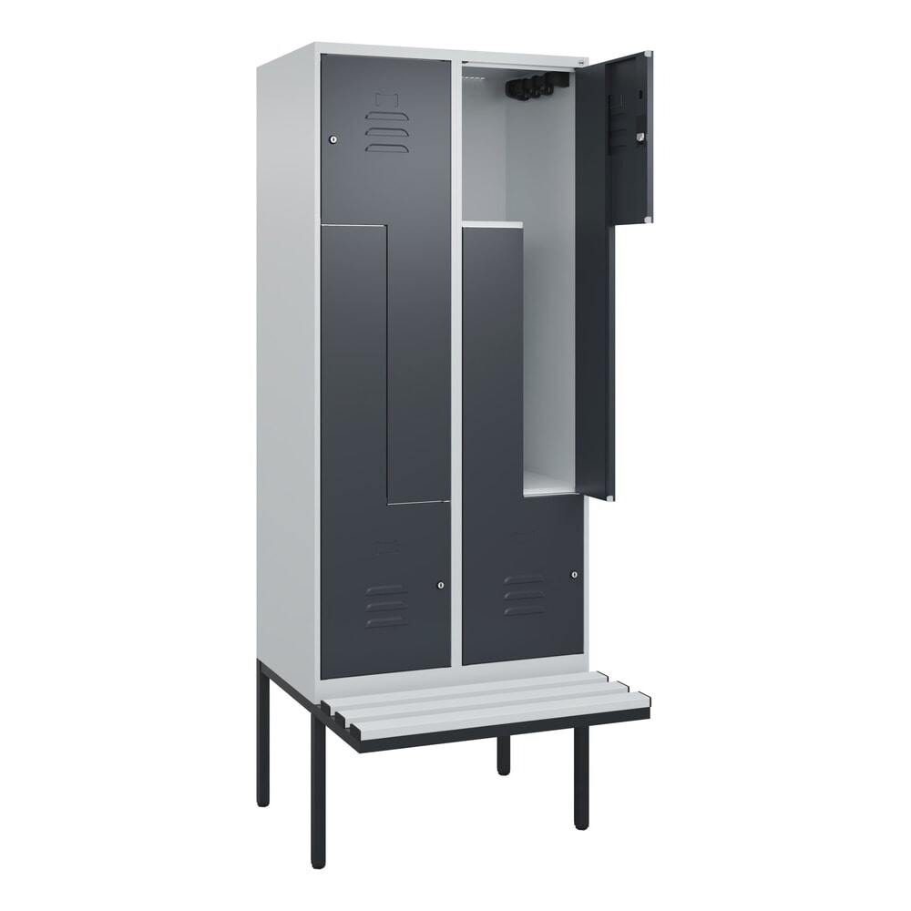 Produktabbildung: C+P Z-Spind Classic PLUS, 4 Abteile, HxBxT 2.120 x 800 x 815 mm, Zylinderschloss, auskragende Bank aus Kunststoff, lichtgrau, anthrazitgrau