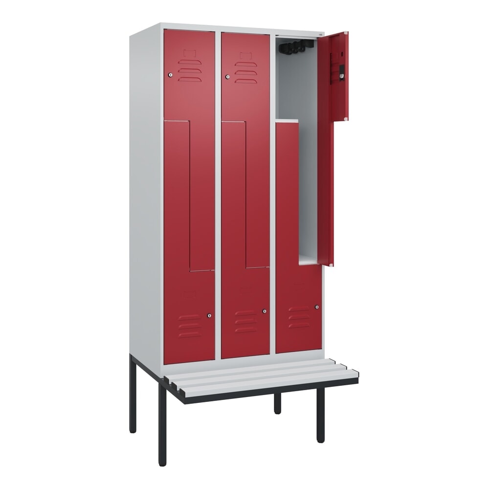 C+P Z-Spind Classic PLUS, 6 Abteile, HxBxT 2.120 x 900 x 815 mm, Zylinderschloss, auskragende Bank aus Kunststoff, lichtgrau, rubinrot Produktabbildung Nr. 1: C+P Z-Spind Classic PLUS, 6 Abteile, HxBxT 2.120 x 900 x 815 mm, Zylinderschloss, auskragende Bank aus Kunststoff, lichtgrau, rubinrot