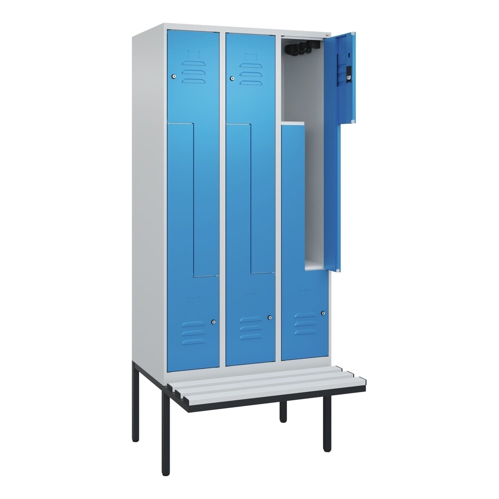 Produktabbildung: C+P Z-Spind Classic PLUS, 6 Abteile, HxBxT 2.120 x 900 x 815 mm, Zylinderschloss, auskragende Bank aus Kunststoff, lichtgrau, lichtblau