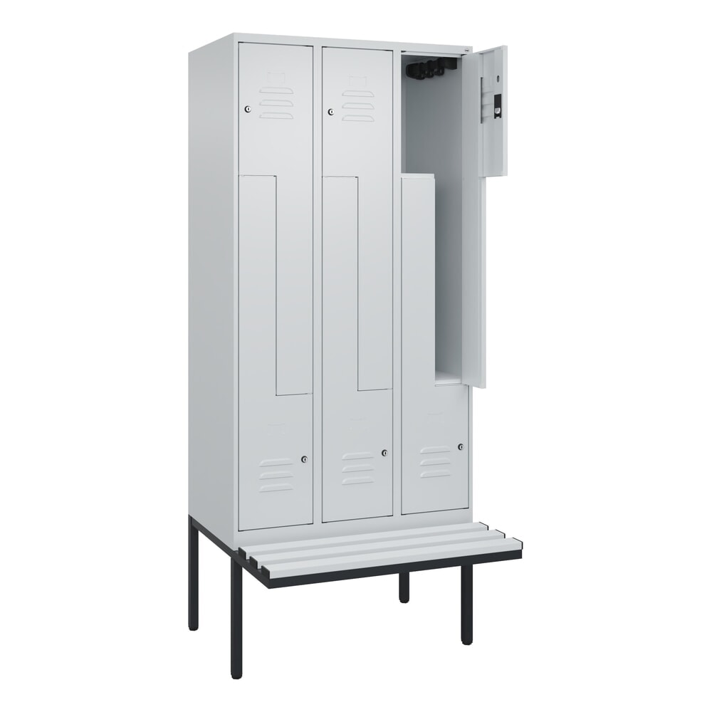 C+P Z-Spind Classic PLUS, 6 Abteile, HxBxT 2.120 x 900 x 815 mm, Zylinderschloss, auskragende Bank aus Kunststoff, lichtgrau, lichtgrau Produktabbildung: C+P Z-Spind Classic PLUS, 6 Abteile, HxBxT 2.120 x 900 x 815 mm, Zylinderschloss, auskragende Bank aus Kunststoff, lichtgrau, lichtgrau
