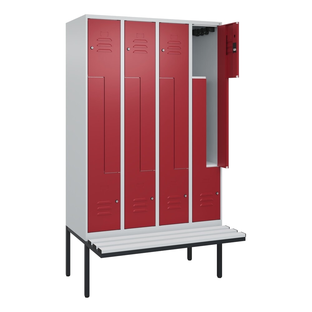 C+P Z-Spind Classic PLUS, 8 Abteile, HxBxT 2.120 x 1.200 x 815 mm, Zylinderschloss, auskragende Bank aus Kunststoff, lichtgrau, rubinrot Produktabbildung: C+P Z-Spind Classic PLUS, 8 Abteile, HxBxT 2.120 x 1.200 x 815 mm, Zylinderschloss, auskragende Bank aus Kunststoff, lichtgrau, rubinrot