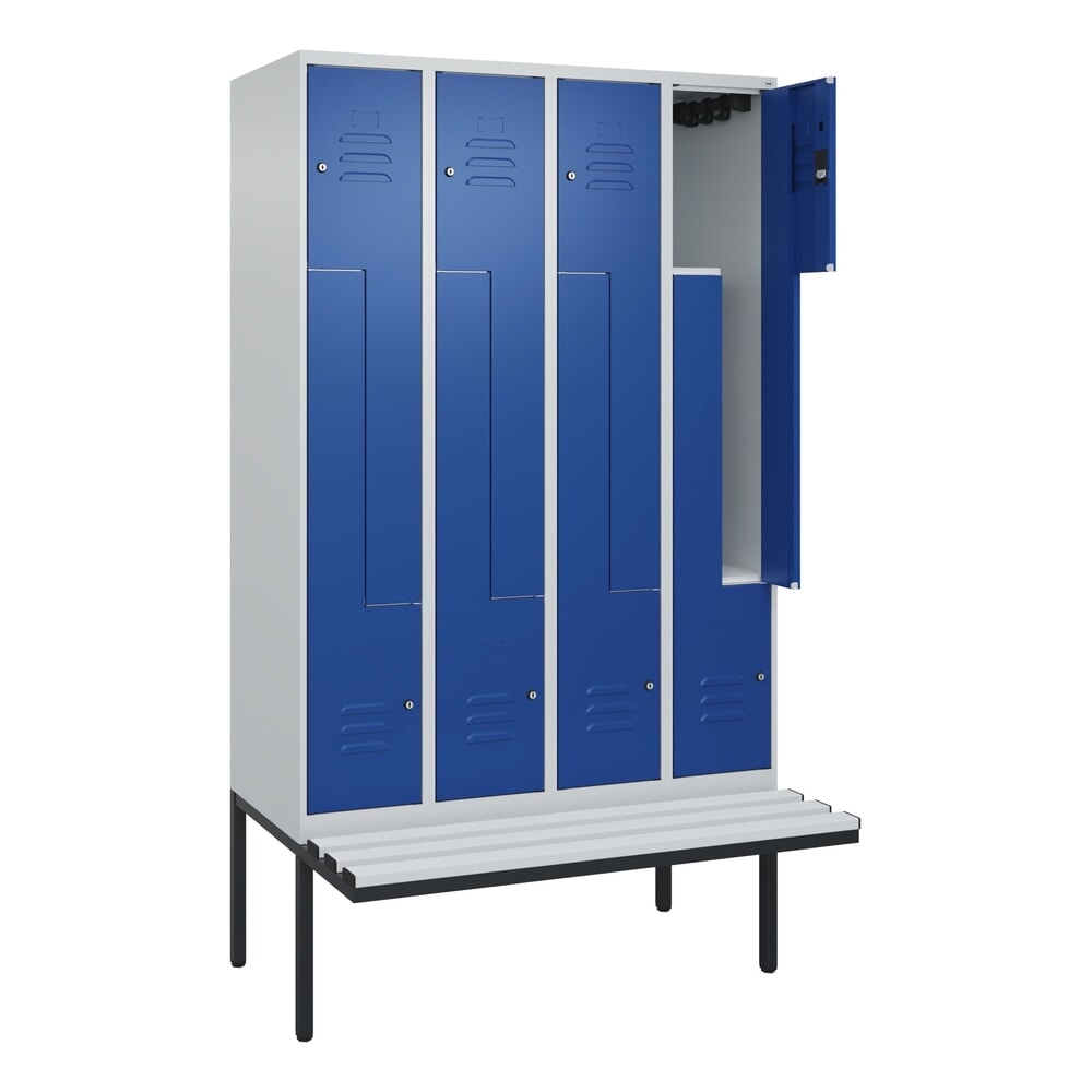 C+P Z-Spind Classic PLUS, 8 Abteile, HxBxT 2.120 x 1.200 x 815 mm, Zylinderschloss, auskragende Bank aus Kunststoff, lichtgrau, enzianblau Produktabbildung: C+P Z-Spind Classic PLUS, 8 Abteile, HxBxT 2.120 x 1.200 x 815 mm, Zylinderschloss, auskragende Bank aus Kunststoff, lichtgrau, enzianblau
