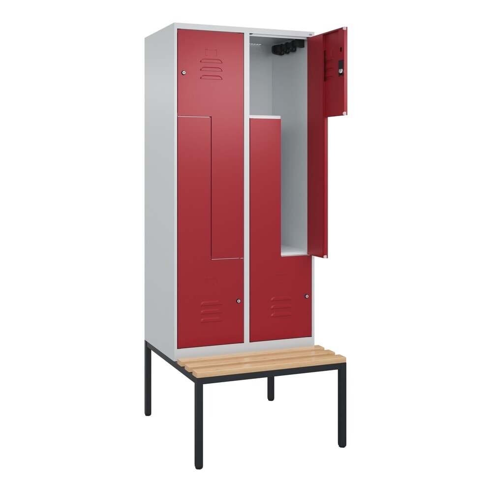 Produktabbildung: C+P Z-Spind Classic PLUS, 4 Abteile, HxBxT 2.120 x 800 x 815 mm, Zylinderschloss, untergebaute Bank aus Buche, lichtgrau, rubinrot