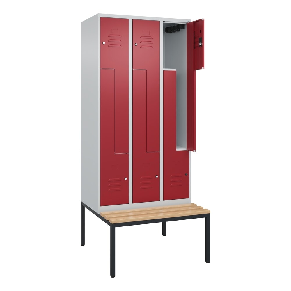 Produktabbildung: C+P Z-Spind Classic PLUS, 6 Abteile, HxBxT 2.120 x 900 x 815 mm, Zylinderschloss, untergebaute Bank aus Buche, lichtgrau, rubinrot