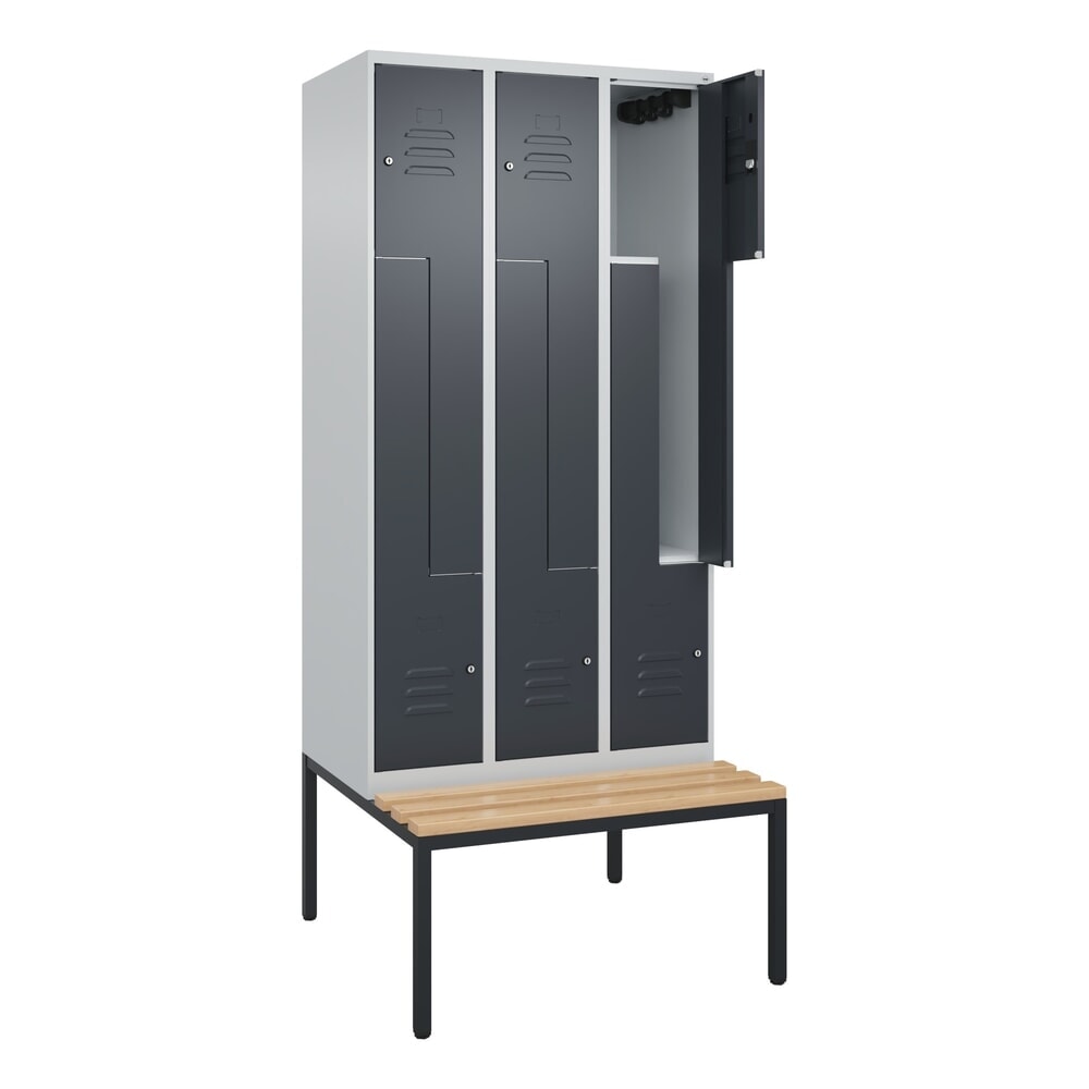 Produktabbildung: C+P Z-Spind Classic PLUS, 6 Abteile, HxBxT 2.120 x 900 x 815 mm, Zylinderschloss, untergebaute Bank aus Buche, lichtgrau, anthrazitgrau