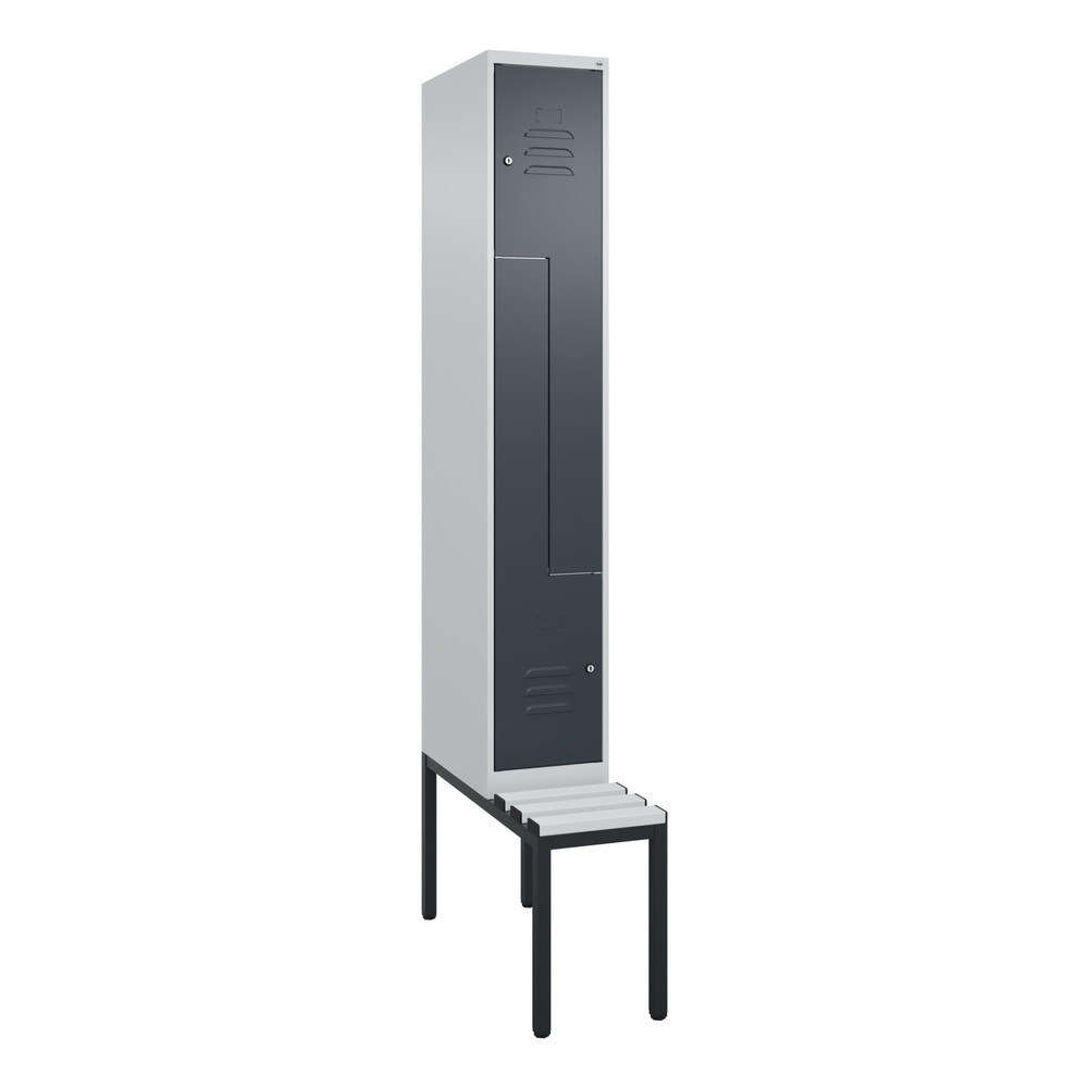 Produktabbildung: C+P Z-Spind Classic PLUS, 2 Abteile, HxBxT 2.120 x 300 x 815 mm, Zylinderschloss, untergebaute Bank aus Kunststoff, lichtgrau, anthrazitgrau