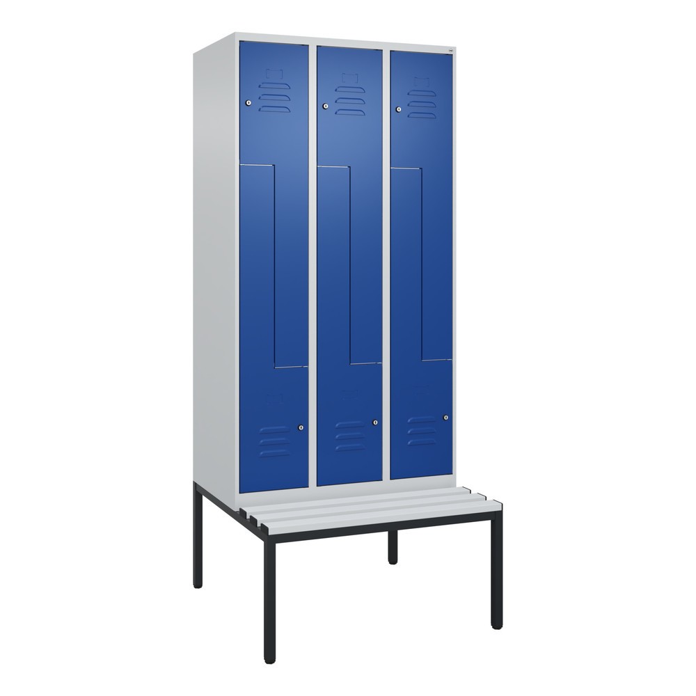 Produktabbildung: C+P Z-Spind Classic PLUS, 6 Abteile, HxBxT 2.120 x 900 x 815 mm, Zylinderschloss, untergebaute Bank aus Kunststoff, lichtgrau, enzianblau