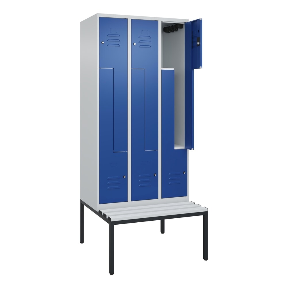 C+P Z-Spind Classic PLUS, 6 Abteile, HxBxT 2.120 x 900 x 815 mm, Zylinderschloss, untergebaute Bank aus Kunststoff, lichtgrau, enzianblau Produktabbildung: C+P Z-Spind Classic PLUS, 6 Abteile, HxBxT 2.120 x 900 x 815 mm, Zylinderschloss, untergebaute Bank aus Kunststoff, lichtgrau, enzianblau
