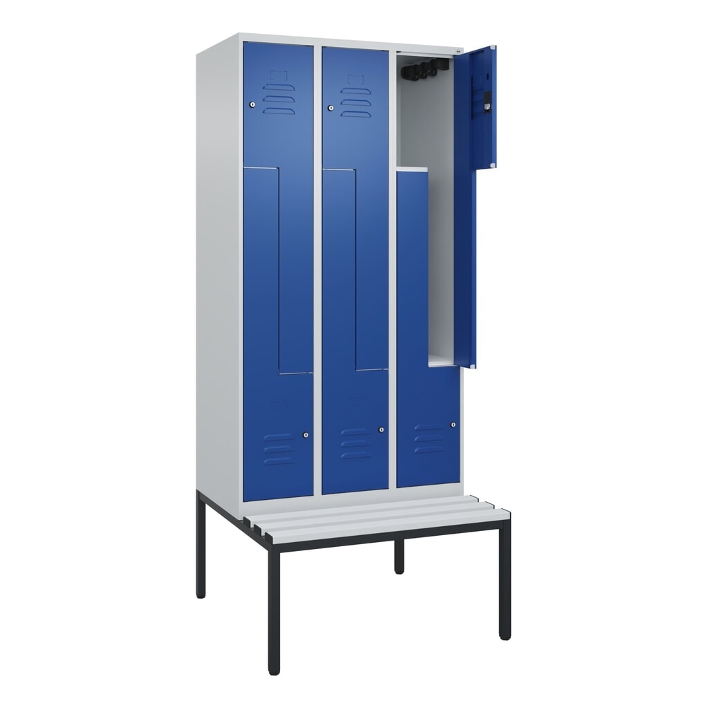 C+P Z-Spind Classic PLUS, 6 Abteile, HxBxT 2.120 x 900 x 815 mm, Zylinderschloss, untergebaute Bank aus Kunststoff, lichtgrau, enzianblau Produktabbildung Nr. 1: C+P Z-Spind Classic PLUS, 6 Abteile, HxBxT 2.120 x 900 x 815 mm, Zylinderschloss, untergebaute Bank aus Kunststoff, lichtgrau, enzianblau