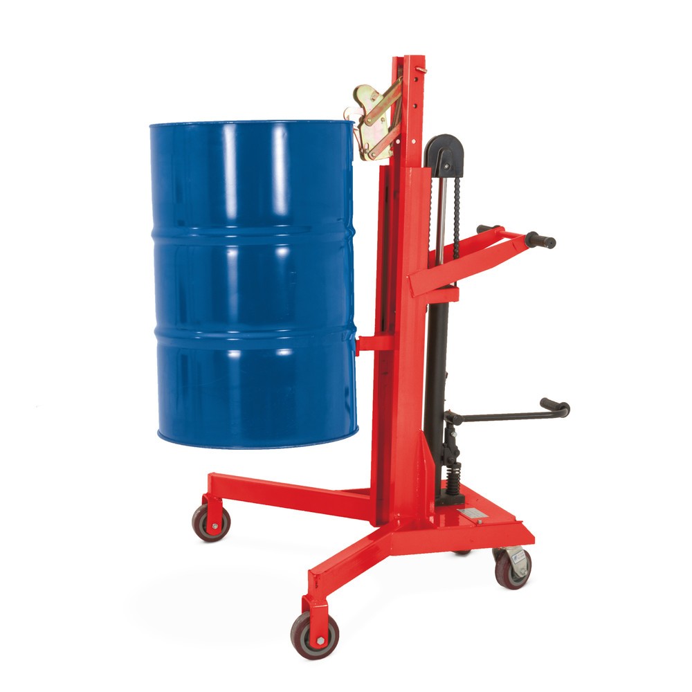 Produktabbildung: C-Ware Fassheber mit Fußpedalhub, Eckaufnahme, Hubhöhe 500 mm, TK 450 kg, RAL 3020 verkehrsrot