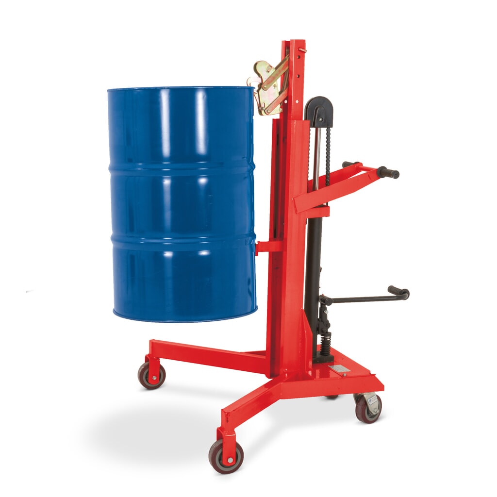 Fassheber mit Fußpedalhub, Eckaufnahme, Hubhöhe 500 mm, TK 450 kg, RAL 3020 verkehrsrot Produktabbildung: Fassheber mit Fußpedalhub, Eckaufnahme, Hubhöhe 500 mm, TK 450 kg, RAL 3020 verkehrsrot