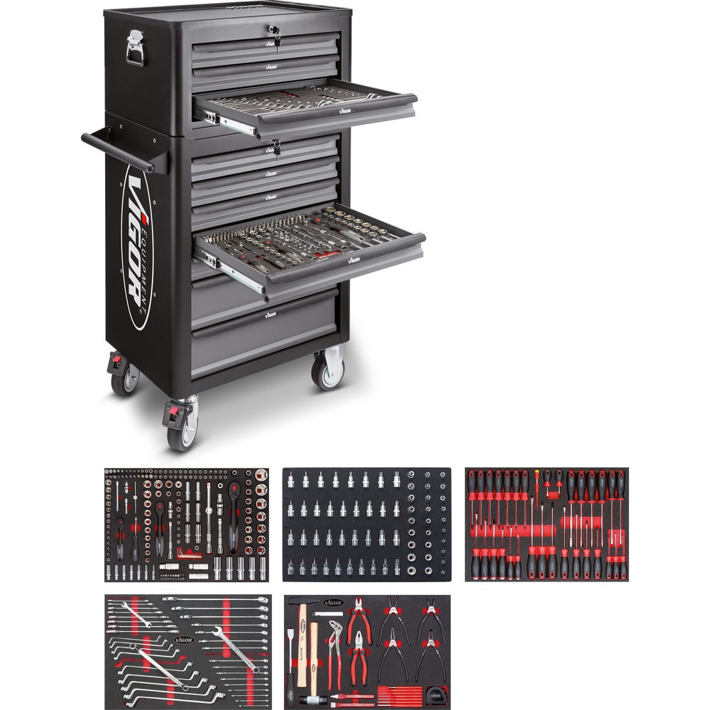 Immagine del prodotto: carrello utensili VIGOR® 1000, 7+ 3 cassetti+bauletto incluso con assortimento di 344 pezzi