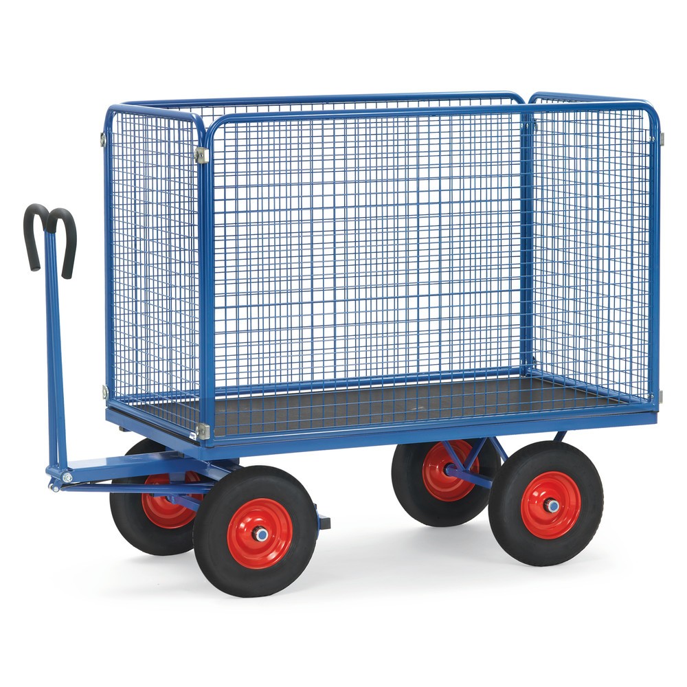Imagen del producto: carro con plataforma de mano fetra® con paredes de malla de alambre H 1.000 mm, superficie de carga 900 x 1.600 mm, capacidad de carga 1.000 kg, bandajes de goma maciza