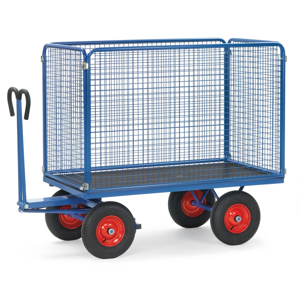 Imagen del producto: carro con plataforma de mano fetra® con paredes de malla de alambre H 1.000 mm, superficie de carga 900 x 1.600 mm, capacidad de carga 1.000 kg, neumáticos de aire