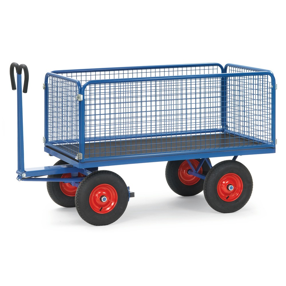 Imagen del producto: carro con plataforma manual fetra® con paredes de alambre H 600 mm, superficie de carga 900 x 1.600 mm, capacidad de carga 1.000 kg, neumáticos de aire